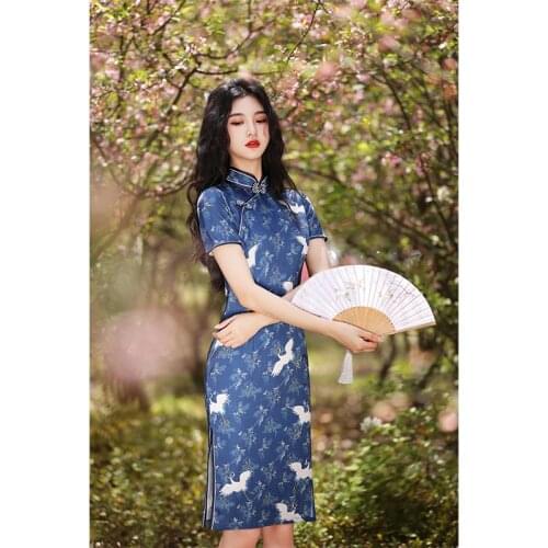 Chinese Dress Woman Blue Plus Large Size Qipao Satin Cheongsam Long Cheongsam Dress Traditional Retro Qipao Oriental Dress