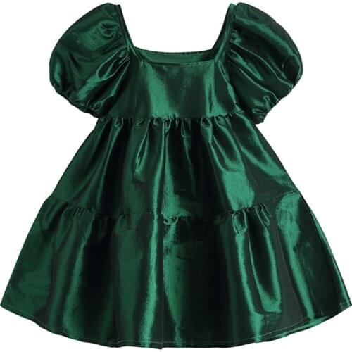 2021 Women Temperament Sexy Cute Square Collar Green Puff Sleeve Loose Fashion Kawaii Puffy Dress Female Vestido de mujer