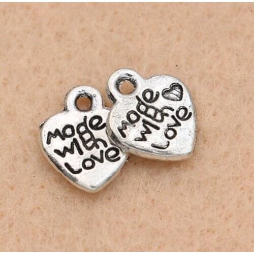 40PCS Heart Charms Made with love Pendants Tibetan Silver Plated Jewelry Making Bracelet Accessories DIY Handmade