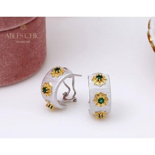 925 Sterling Silver Silk Pattern Prong Emerald CZ Hoop Earrings Flower Nature Rich Detail Wide Clip on Stud Earring C11E4S25333
