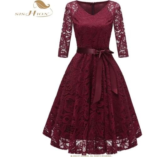 SISHION Elegant Women Party Dress 3/4 Sleeve Apricot Grey Autumn Spring Clothes 2021 Ladies Elegant Lace Dress VD0712