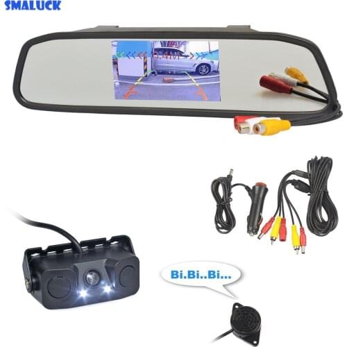 SMALUCK Auto Speaker Parking Monitor System Video Parking Radar Sensor LED Car Camera + 4.3" Car Mirror Monitor