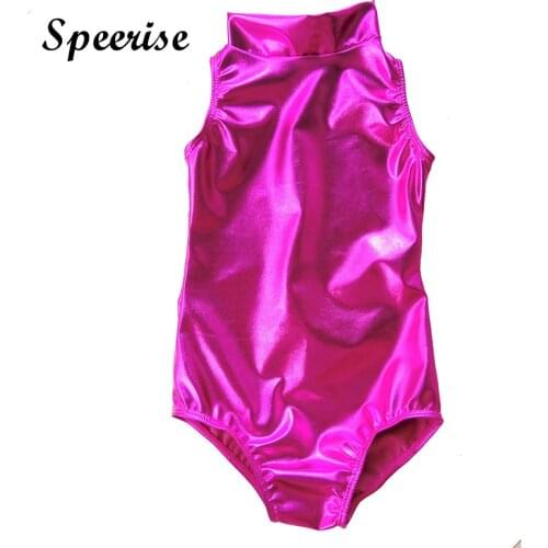 Speerise Kids High Neck Sleeveless Ballet Leotard Child Spandex Leotards Shiny Gymnastics For Girls Toddler Dancewear