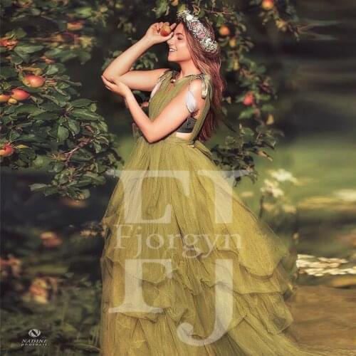 Eyecatcher Maternity and Non Maternity Photoshoots V-Neck Soft Tulle Dresses 2021 Summer Party Dresses Ruffles Vintage Dress