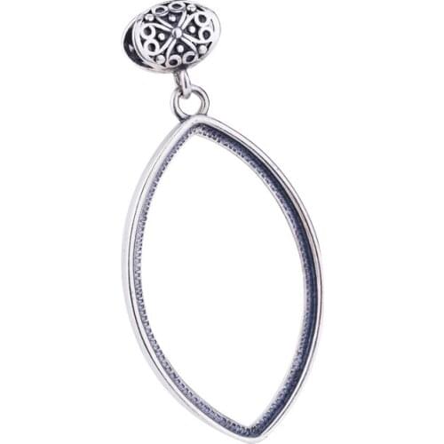 Vintage 925 Sterling Silver Pendant for Women 25x41mm Marquise Cabochon Semi Mount Pendant for Amber Agate DIY Stone Setting