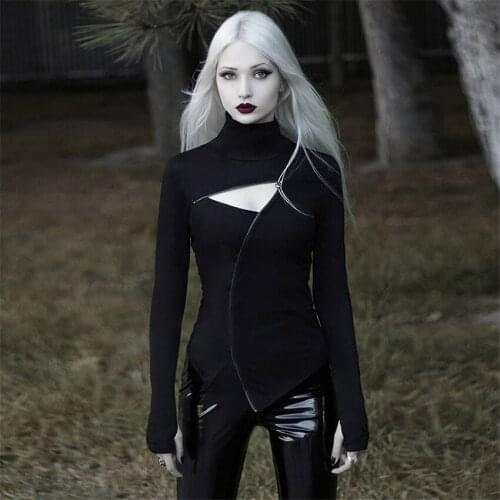 Medieval Cosplay Women Turtleneck Black Tops Gothic Punk Zipper Sexy Hollow Out Long Sleeve T-shirt Carnival Party Goth Costumes