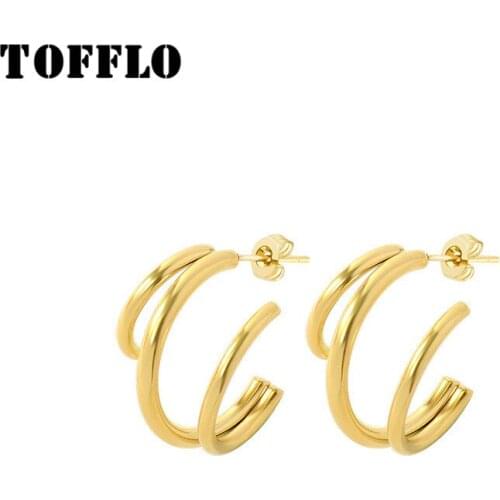 TOFFLO Stainless Steel Jewelry Multi Layer C-Shaped Earrings For Women Fashion Minimalism BSF307