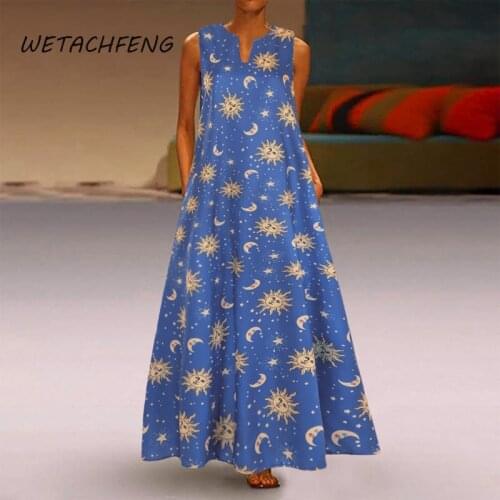 Hot Sale Star Moon Print Constellation Women Dress Summer Sleeveless V Neck Long Dresses Oversized Fashion Maxi Female Clothing