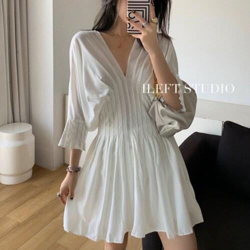Korean Fashion Summer High Waist Long Dress Half Sleeve Balck White Elegant V-neck Female Dresses 2021