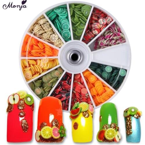 Monja 12 Grids/box Nail Art Colorful Mixed Fruit Slices Polymer Clay Fimo Slice Design Fashion Style Manicure Decorations