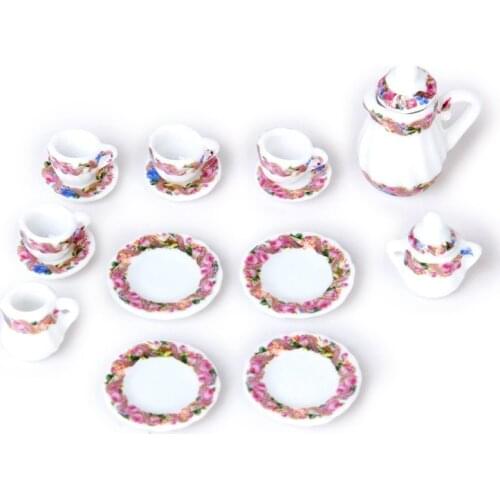 15pcs Doll House Miniature Porcelain Tea Set Dish+Cup+Plate - Colorful Floral Print