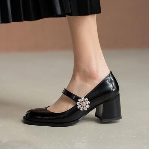 2021 Spring Retro Beaded Mary Jane Women Shoes High Heels Pumps Female Pumps Luxury Genuine Leather Square Head Thick Heel