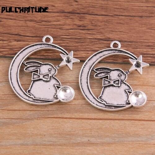 5pcs 31*35mm Antique Silver color color Color Metal Zinc Alloy Animal Moon Rabbit Charms Fit Jewelry Pendant Charms Makings