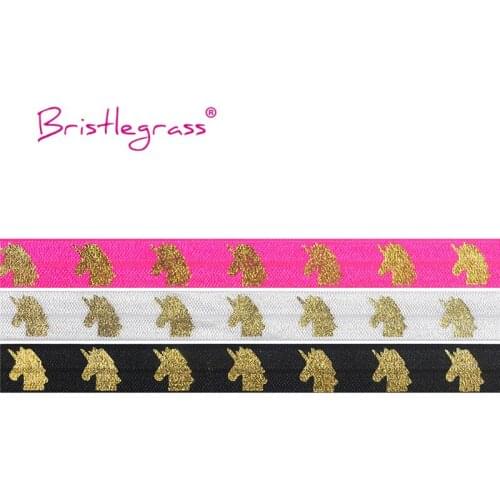 BRISTLEGRASS 5 Yard 5/8" 15mm Gold Unicorn Foil Print Fold Over Elastics FOE Spandex Satin Bands Hair Tie Tutu Dress Sewing Trim