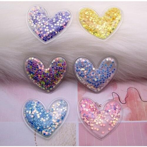 60pcs/lot Transparent PVC Hearts patch applique with glitter sequin For Clothes DIY Childrens Hair Clip Headwear Accessories