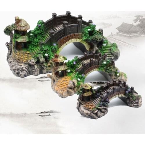 Aquarium Fish Tank Vintage Decorative Bridge Landscape Ornaments Pavilion Tree Plants Resin Design Pet Supplies Home Decorations