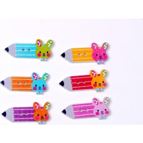 Free shipping -2015 New Random 100pcs Mixed 2 Holes Little Rabbit Pencil Shape Wood Sewing Buttons Scrapbooking 15x33mm J1488
