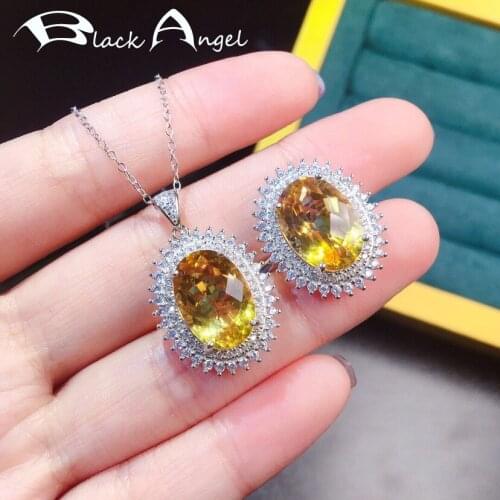 BLACK ANGEL New 925 Silver Big Oval Shaped Citrine Wedding Jewelry Set Yellow Gemstone Pendant Necklace Resizable Ring For Women