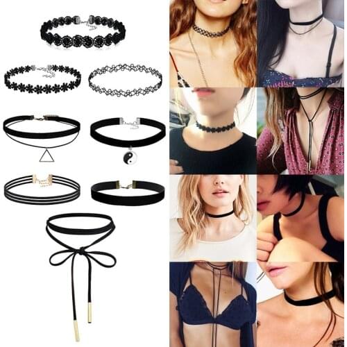 8/10pcs Black Lace Velvet Strip Choker Necklace Woman Collar Jewelry Neck Accessories Chokers Handcrafted Chain Necklaces