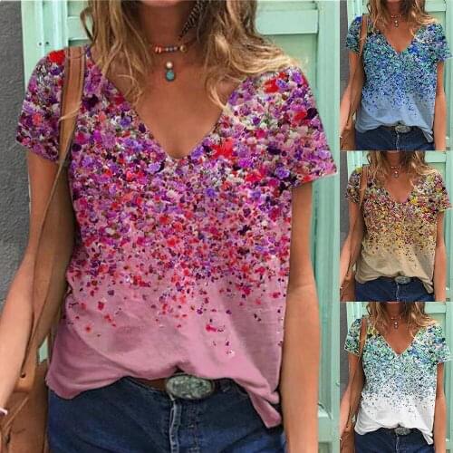 Elegant Flower Print T-shirt Summer Women V-Neck Short Sleeve Casual Pullover Top Fashion Plus Size Streetwear Tee