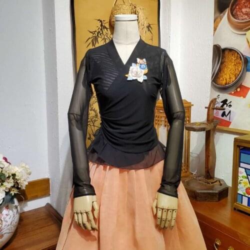 Customized Korean Folk Dance Tops and Skirts for Dancing In Black Mesh Hanbok
