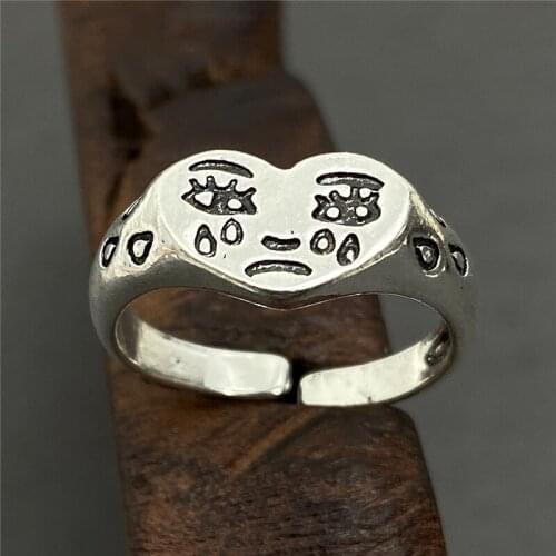 Punk Silver Color Cry Face Rings 2021 New Bohemian Heart Adjustable Finger Ring for Women Men Party Jewelry Statement
