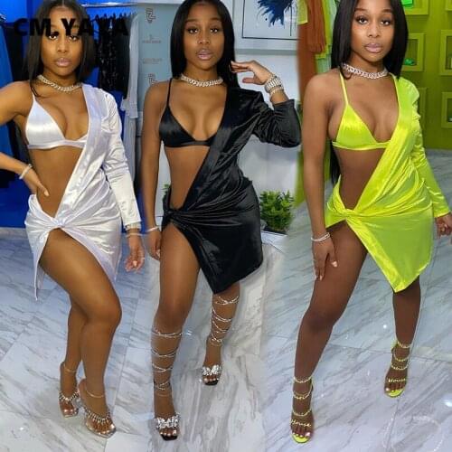 CM.YAYA Two 2 Piece Set for Women Sexy Club Party Tracksuit Outfits One Sleeve Slit Tie Up Mini Dress + Bra Set Fall Winter
