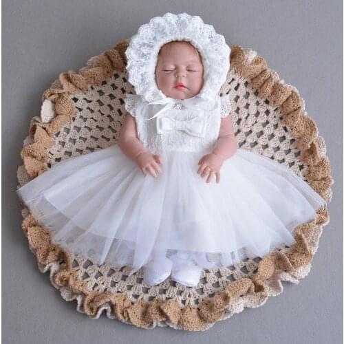 2PCs Set Baby Girl Baptism Dress Infant Girl Christening Gown Lace Bowknot 1st Birthday Pageant Dress Embroidery Hat 0-24Months