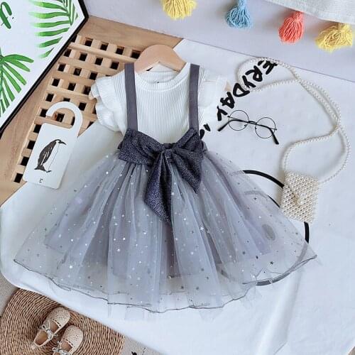 Summer Kids Baby Girls Clothes Set Ruffle Short Sleeve Knitted T-shirt+Sequin Tulle Tutu Suspender Dress Party Princess Dresses