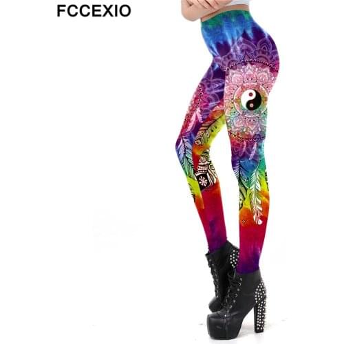 FCCEXIO Classic Chinese Style Leggings For Women Yin And Yang Printing Workout Leggins BOHO Rainbow Vortex Prints Fitness Legin