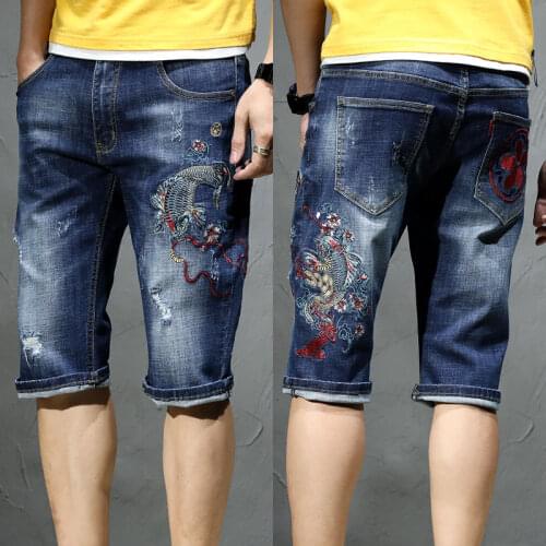 Summer fish embroidered denim shorts mens tide slim stretch five-part pants all-match fashion casual pants thin short jeans
