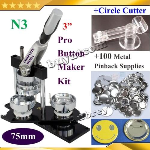 NEW Professional N3 3" 75mm Badge Button Maker Machine +Adjustable Circle Cutter+100 Set Metal Pinback Button Supply