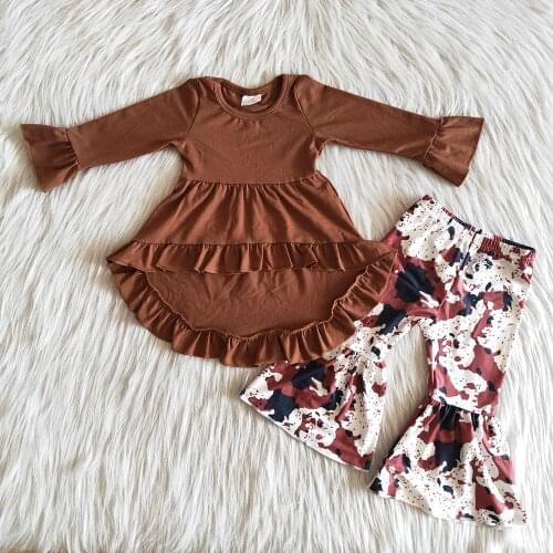 New Arrival Girl Fall Long Sleeve Outfits Fashion kids Brown Color Top And Bell Pants Sets Toddler Cute Clothes