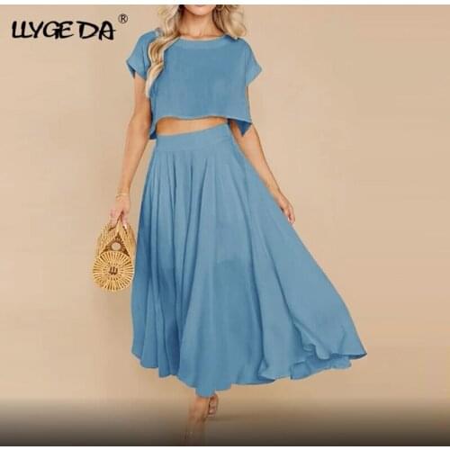 Solid Two Piece Set Women Skirt O-neck Puff Sleeve Crop Top And Pleated Dress 2021 Summer Fashion Loose Casual Womens Suit