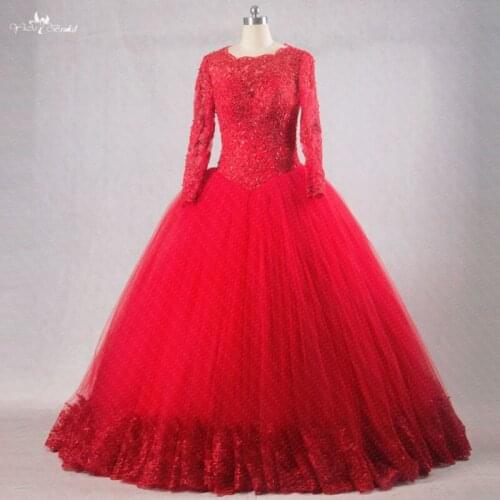 RSE199 High Quality Yiaibridal Boat Neckline Long Sleeve Muslim Wedding Dresses Red Ball Gown