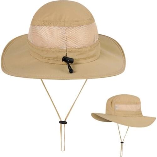 Adjustable Wide Brim Summer Hat With String Breathable Large Brim Fishing Cap Solid Camping Hunting Sun Hat Men Bucket Hat Cap