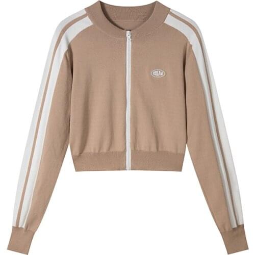 Spring and autumn striped thin cardigan jacket womens sunscreen short high waist casual sports knit top