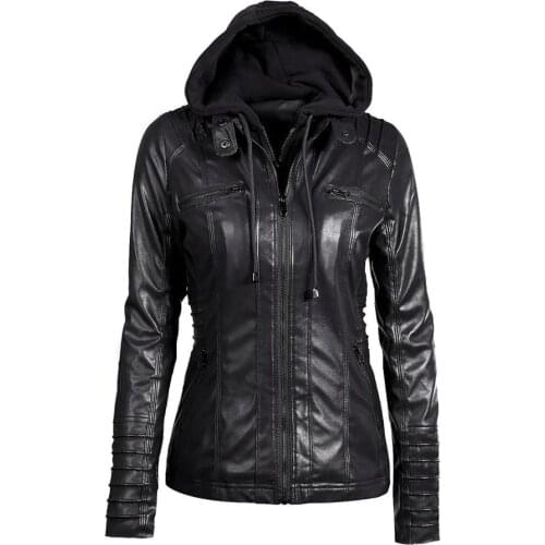 2019 New European and American fashionable women slim fit Black PU leather jacket removable cap lapel short leather coat