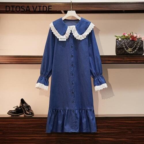 Large size womens fashion wear doll collar French retro denim loose dress 2020 new