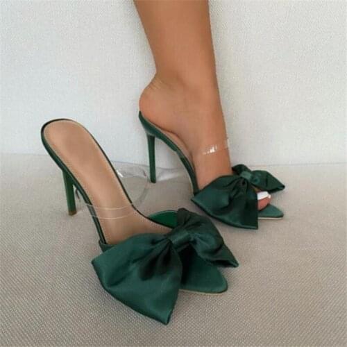 Women Butterfly-knot Slippers Silk Sandals Ladies High Heel Mules Shoes Pointed Toe Flip Flops Female Slides Party Shoes