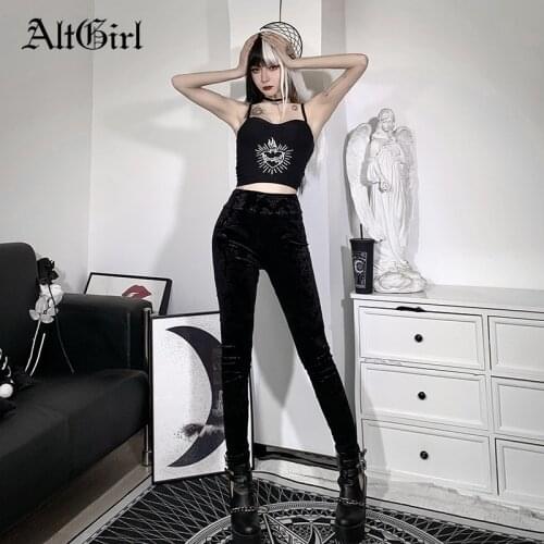AltGirl Mall Goth Flocking Velvet Women Pants Women Dark Gothic Harajuku Streetwear High Waist Slim Aesthetic Skinny Leggings