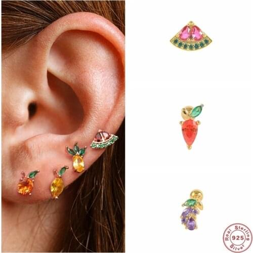 Aide 925 Sterling Silver Fruit Collection Stud Earrings For Women Colored Zircon Rainbow Crystal Vegetables Piercing Ear Studs