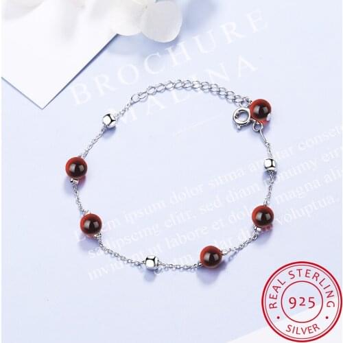 Genuine 925 Sterling Silver Chain Bracelets For Women Girl Female Garnet Charms Bracelet Beads Jewelry Gift