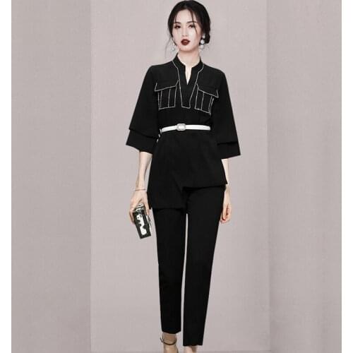 New Two-Piece Set 2021 Autumn Fashion Temperament Black Heavy Industry Diamonds Asymmetry Top&Trouser Office Lady Suit With Belt