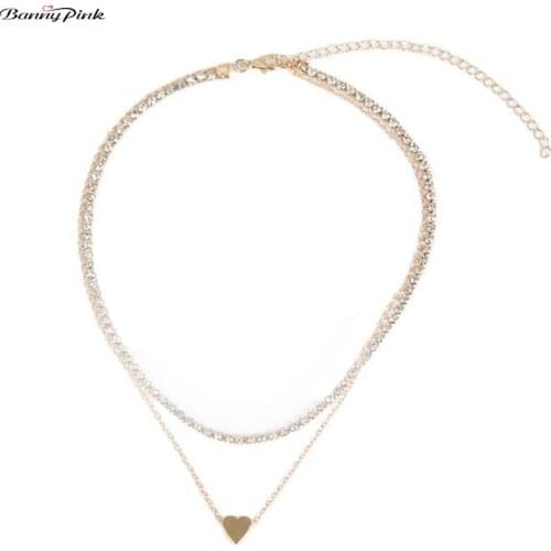 Banny Pink New Rhinestone Crystal Chain Clavicle Choker Necklace For Women Sweet Gold Color Heart Choker Collar Beach Jewelry