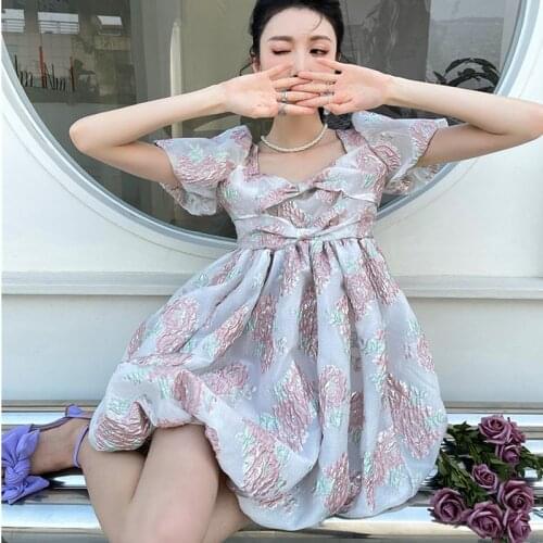 Vintage Square Collar Bow Puff Sleeve Pink Floral Puffy Dress Women Summer 2021 Elegant High Waist A-line Mini Dresses Vestidos
