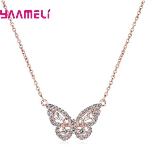 925 Sterling Silver Cubic Zircon Paved Butterfly Shaped Long Chain Necklace Collares Kolye Bijoux Femme Choker Necklaces