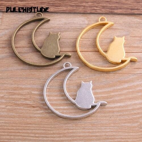 2pcs 35*41mm Three Color Alloy Jewelry Accessories Moon Cat Charm Hollow Glue Blank Pendant Tray Bezel 11C69