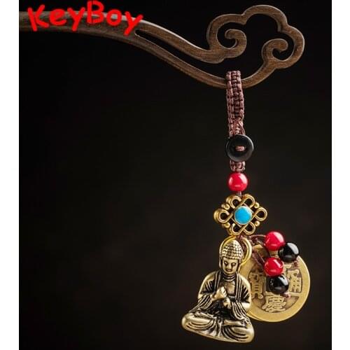 Antique Brass Buddha Figure Keychain Pendant Handmade Woven Rope Feng Shui Hanging Jewelry Ancient Five Emperors Coins Lanyard