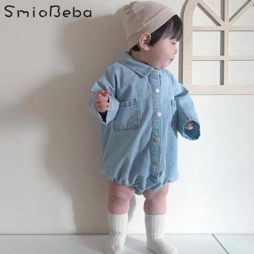 Ins Baby Boys Cool Long Sleeve Rompers Jean Blue Turn Down Collar Spring Newborn Soft Denim Jumpsuit For Girls Newborn Koran Kid